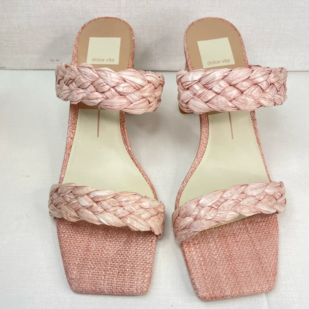 DOLCE VITA Paily Pink Raffia Straw Block Sandal Heels 9.5 ( G‎ 115)